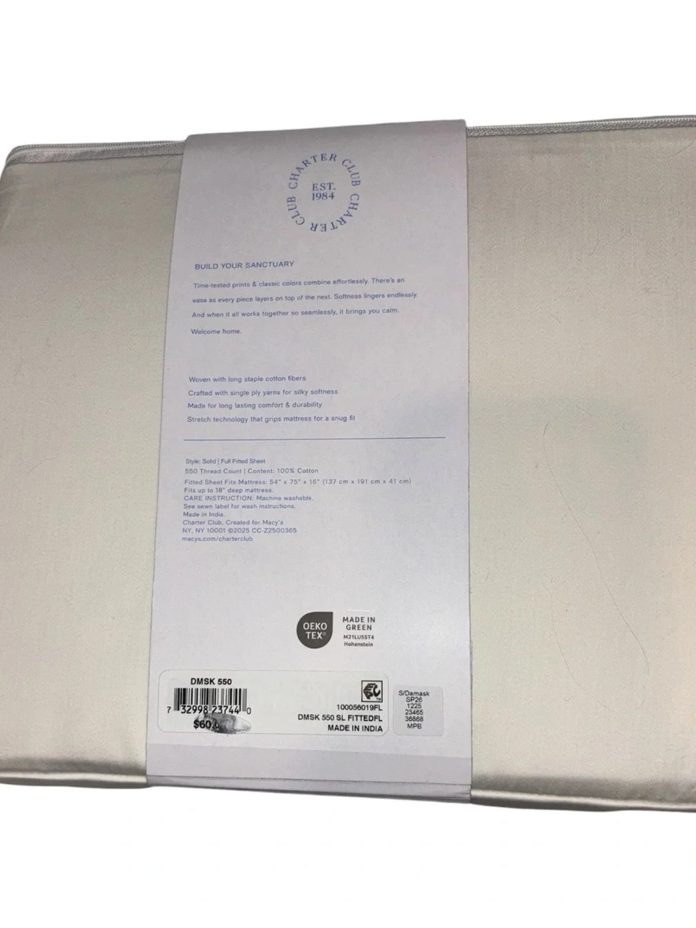 Charter Club Damask Collection 550 Thread Count 100% Cotton Full Fitted Sheet Iv